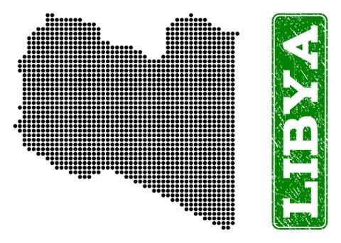 Dotted Map of Libya and Grunge Rectangle Rounded Caption Stock Illustration
