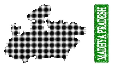 Dotted Map of Madhya Pradesh State and Grunge Rectangle Rounded Caption Stock Illustration