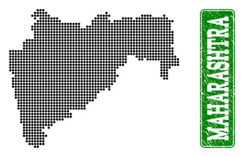 Dotted Map of Maharashtra State and Grunge Rectangle Rounded Caption Illustrazione stock