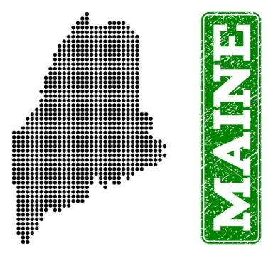 Dotted Map of Maine State and Grunge Rectangle Rounded Caption Illustrazione stock