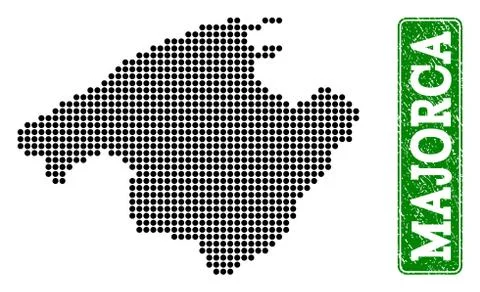Dotted Map of Majorca and Grunge Rectangle Rounded Caption Stock Illustration