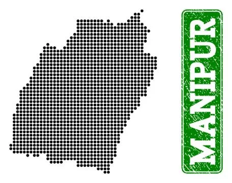 Dotted Map of Manipur State and Grunge Rectangle Rounded Caption Stock Illustration