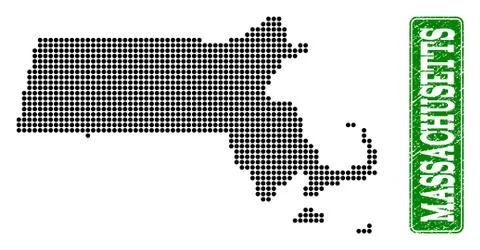 Dotted Map of Massachusetts State and Grunge Rectangle Rounded Caption Stock Illustration