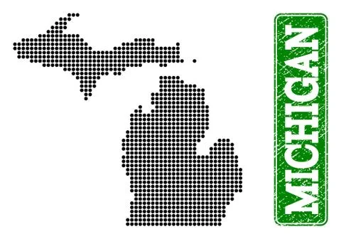 Dotted Map of Michigan State and Grunge Rectangle Rounded Caption Stock Illustration