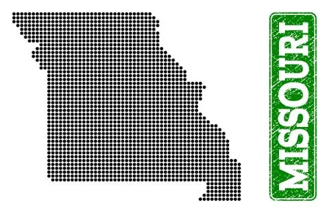 Dotted Map of Missouri State and Grunge Rectangle Rounded Caption Stock Illustration