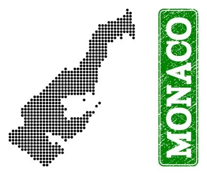 Dotted Map of Monaco and Grunge Rectangle Rounded Caption Stock Illustration
