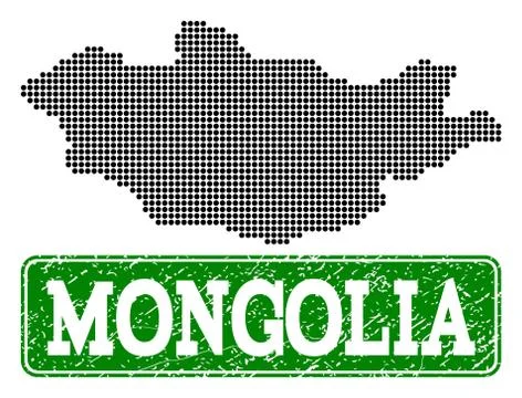 Dotted Map of Mongolia and Grunge Rectangle Rounded Caption Stock Illustration