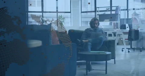 Dotted map moving with code receding while office worker typing laptop Stock Footage 329711159
