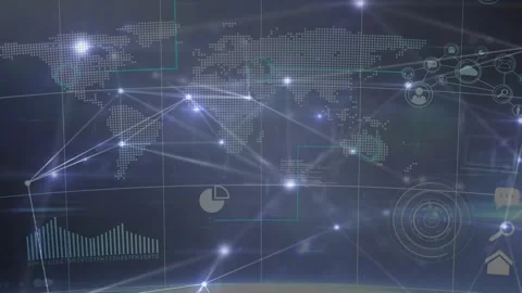 Dotted map network animating, nodes pulsing, lines sweeping after burst causing Stock Footage 328223865