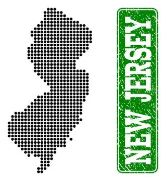 Dotted Map of New Jersey State and Grunge Rectangle Rounded Caption Stock Illustration
