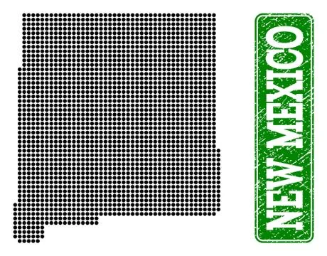 Dotted Map of New Mexico State and Grunge Rectangle Rounded Caption Stock Illustration