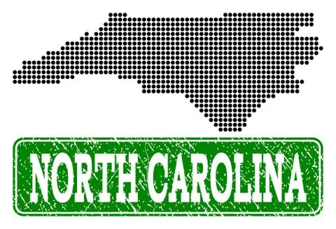 Dotted Map of North Carolina State and Grunge Rectangle Rounded Caption Stock Illustration