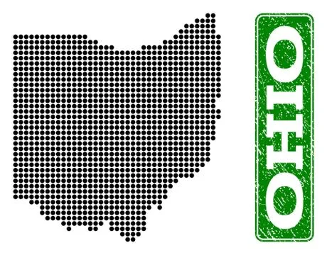 Dotted Map of Ohio State and Grunge Rectangle Rounded Caption Stock Illustration