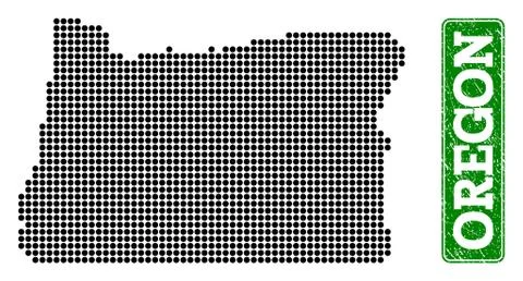 Dotted Map of Oregon State and Grunge Rectangle Rounded Caption Stock Illustration