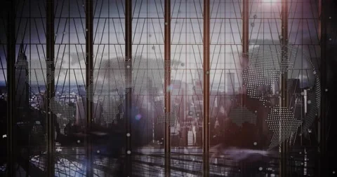 Dotted map pulsing and reforming on glass wall as flare sparking glare for tech Stock Footage 333962789