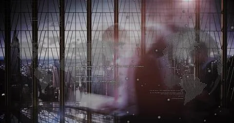 Dotted map pulsing and reforming on glass wall as flare sparking glare for tech Stock Photos