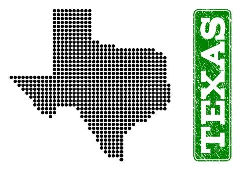 Dotted Map of Texas State and Grunge Rectangle Rounded Caption Stock Illustration