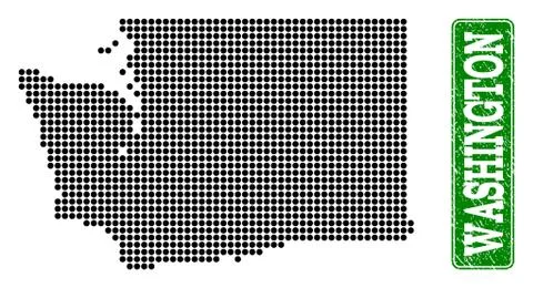 Dotted Map of Washington State and Grunge Rectangle Rounded Caption Stock Illustration