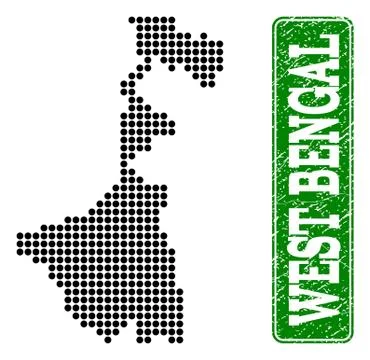 Dotted Map of West Bengal State and Grunge Rectangle Rounded Caption Stock Illustration
