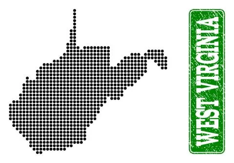 Dotted Map of West Virginia State and Grunge Rectangle Rounded Caption Stock Illustration