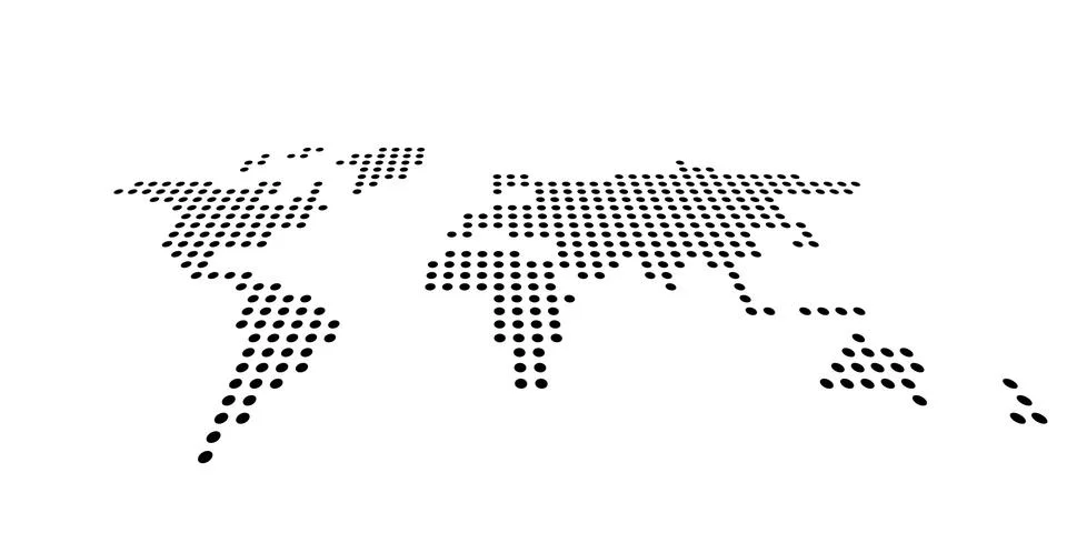 Dotted map of World. Side view distortion. Black vector dots on white background Stock Illustration