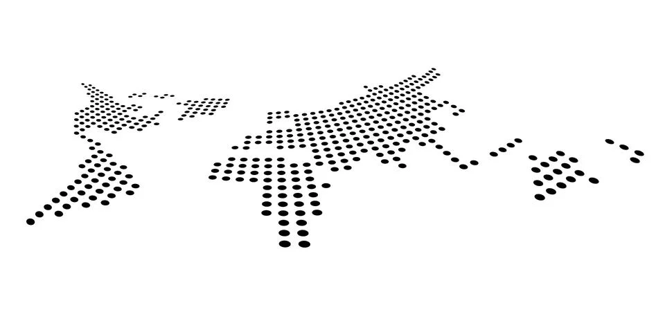 Dotted map of World. Side view distortion. Black vector dots on white background Stock Illustration