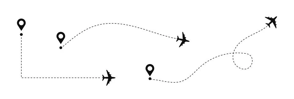 Dotted path with points. Aeroplane path with route set collection Illustrazione stock
