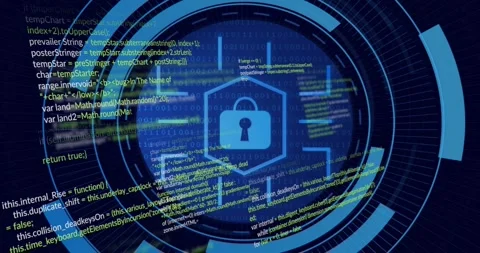 Dotted path sweeping, causing code forming and rings converging around hex Stock Footage 321783282