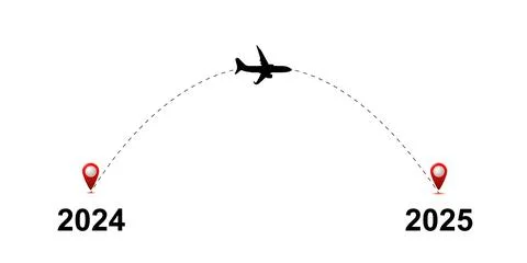 Dotted plane path from 2024 to 2025. The concept of meeting the New Year. Vector Stock Illustration