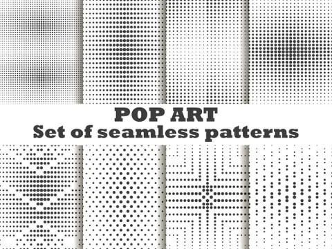 Dotted, Pop Art seamless pattern set. Halftone dots background. Black and whi 스톡 일러스트