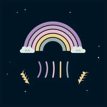Dotted rainbow and clouds with leaves in dark sky for kids room decor and p.. Ilustração Stock