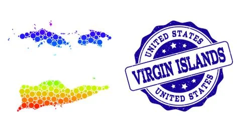 Dotted Rainbow Map of American Virgin Islands and Grunge Stamp Seal 스톡 일러스트