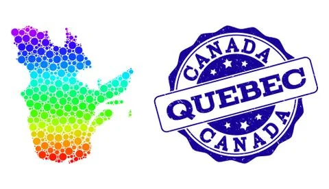 Dotted Rainbow Map of Quebec Province and Grunge Stamp Seal Stock Illustration