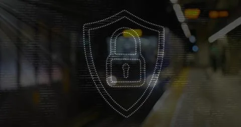 Dotted shield and padlock hovering over dim platform with blurred train, Ilustração Stock