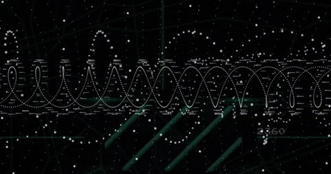 Dotted sinusoidal waves flowing across digital interface, highlighting green Stock Footage 308659974