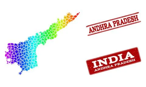 Dotted Spectrum Map of Andhra Pradesh State and Grunge Stamp Seals 스톡 일러스트