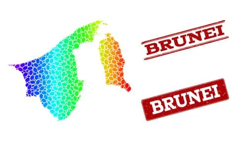 Dotted Spectrum Map of Brunei and Grunge Stamp Seals Stock Illustration