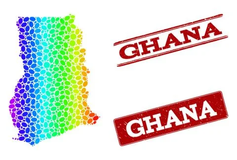 Dotted Spectrum Map of Ghana and Grunge Stamp Seals 스톡 일러스트