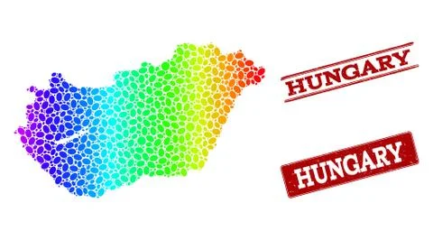 Dotted Spectrum Map of Hungary and Grunge Stamp Seals Stock Illustration