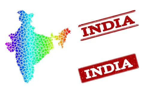 Dotted Spectrum Map of India and Grunge Stamp Seals 스톡 일러스트