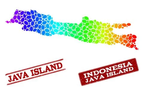 Dotted Spectrum Map of Java Island and Grunge Stamp Seals Ilustração Stock