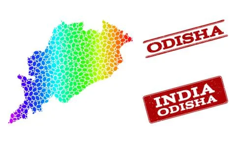 Dotted Spectrum Map of Odisha State and Grunge Stamp Seals 스톡 일러스트