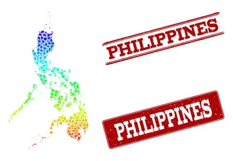Dotted Spectrum Map of Philippines and Grunge Stamp Seals Illustrazione stock