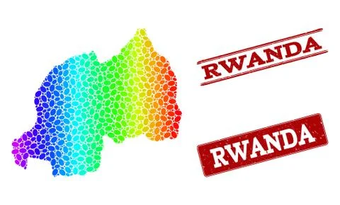 Dotted Spectrum Map of Rwanda and Grunge Stamp Seals 스톡 일러스트