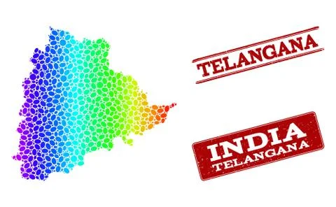 Dotted Spectrum Map of Telangana State and Grunge Stamp Seals 스톡 일러스트