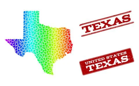 Dotted Spectrum Map of Texas State and Grunge Stamp Seals Illustrazione stock