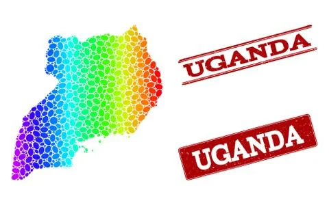 Dotted Spectrum Map of Uganda and Grunge Stamp Seals Stock Illustration