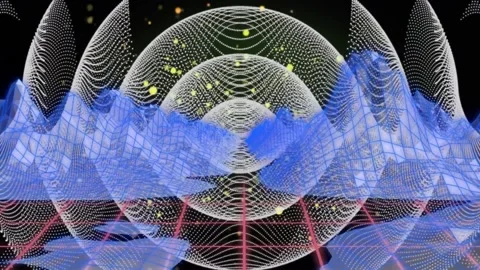 Dotted sphere pulsing, driving blue mesh waveform across red grid, orbiting Stock Footage 333965246