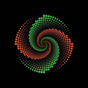 Dotted spiral vortex in green and orange colors on black background Stock Illustration