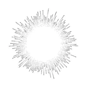 Dotted sunbeams round frame. Black grainy sunburst template. Textured stipple Stock Illustration